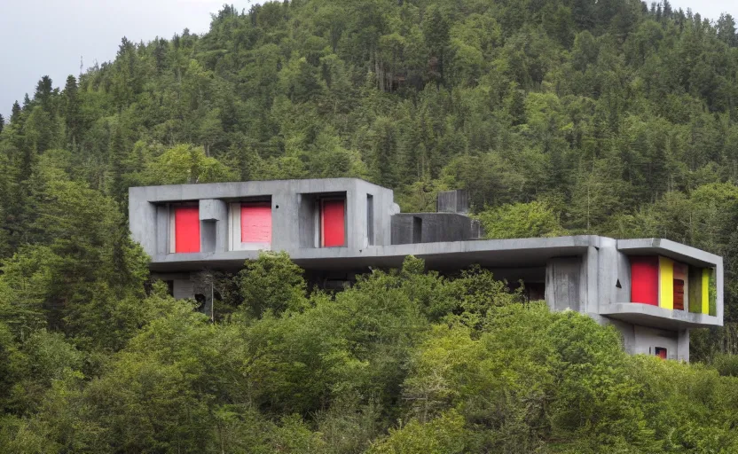 Prompt: rainbow brutalist house on a secluded mountain with trees around