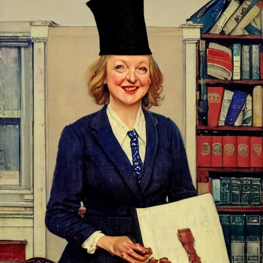 Prompt: conservative mp liz truss wearing a dunces cap, norman rockwell painting