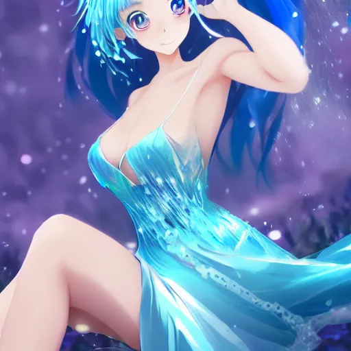 Prompt: a very beautiful anime girl wearing a dress made of water standing in a reflective crystal lake , full body, long azure blue hair, azure blue watery eyes, full round face, seductive over the shoulder stare, cinematic lighting, full body shot, highly realistically detailed, trending on artstation, Unreal Engine 4k, Stanley Artgerm Lau, WLOP, Rossdraws, James Jean, Andrei Riabovitchev, Marc Simonetti, and Sakimichan