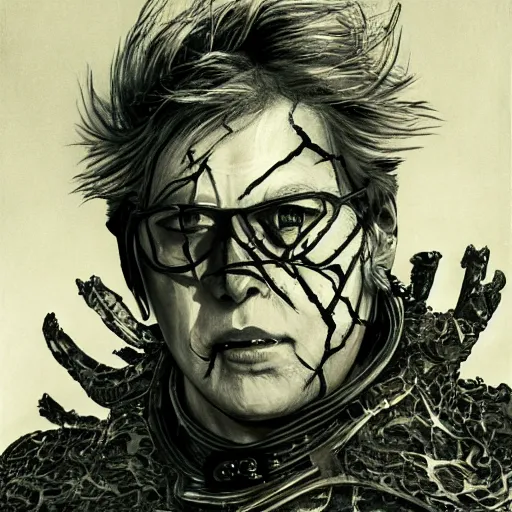 Image similar to Yoshitaka Amano realistic illustration of jeb bush ,hair fluttering in the wind, cracks on his face wearing Elden ring armour with engraving, abstract black and white patterns on the background, noisy film grain effect, highly detailed, Renaissance oil painting, weird portrait angle, blurred lost edges, three quarter view