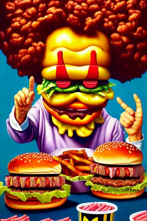 Prompt: a hyperrealistic painting of an epic boss fight ronald mcdonald ornate supreme dark overlord, gross hamburgers and fries, cinematic horror, by chris cunningham, lisa frank, richard corben, highly detailed, vivid color,