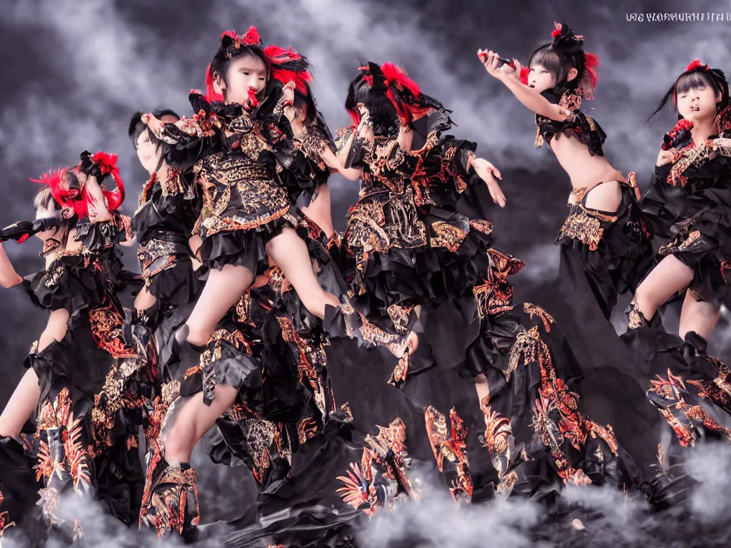 Image similar to babymetal performing on a tropical beach beautiful, scenery, 3 members, high detail, High Definition detail, 8K, photography