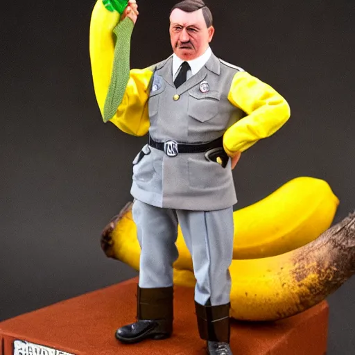 Prompt: adolf hitler banana action figure, well lit, studio light, painted action figure, toy advertisement, toy package