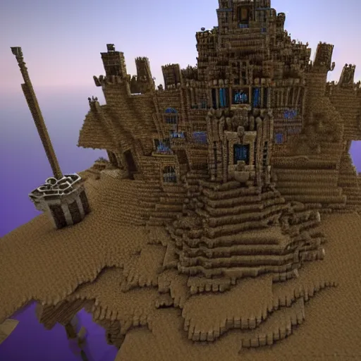 Prompt: realistic steampunk minecraft castle on a cliff overlooking the red sea