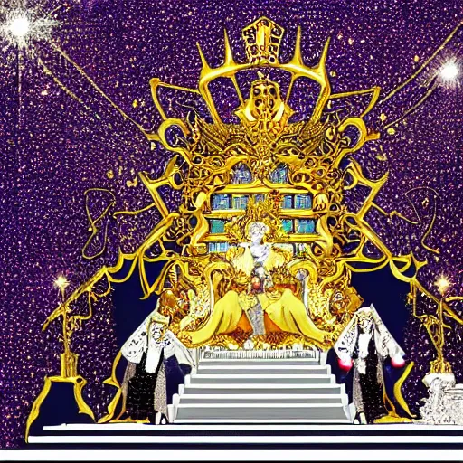 Image similar to manga of a shining majestic throne made of millions of diamonds, gold and zaphires with thousands of light reflections, and a clown on a tuxedo suit is sitting on the throne while handing a golden balloon, dramatic light