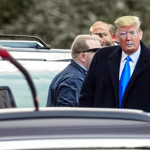 Image similar to Newscast still of Donald Trump being handcuffed and arrested and put into a cop car at mar-a-lago