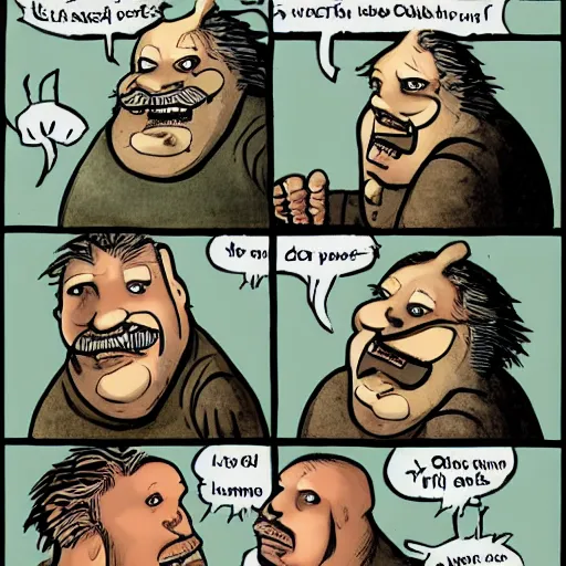 Image similar to ugly old fat man and his strong handsome friend hunting monsters