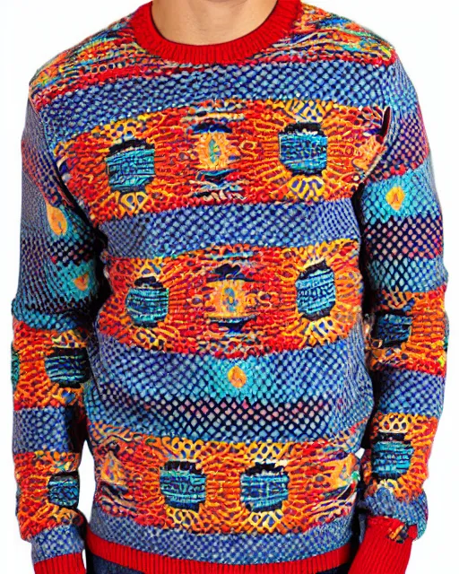 Prompt: new colorful coogi sweater with intricate woven patterns