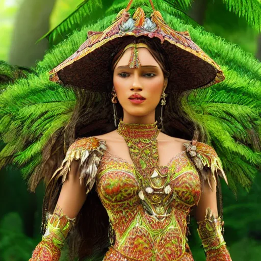 Image similar to a regal brown woman wearing an intricate dewdop armor. very detailed. woman is surrounded by lush green tropical forest. extremely photorealistic.