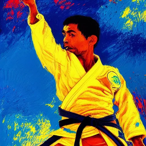 Image similar to judoka by leroy neiman, intricate, ultra detailed painting, atmospheric lighting, golden hour