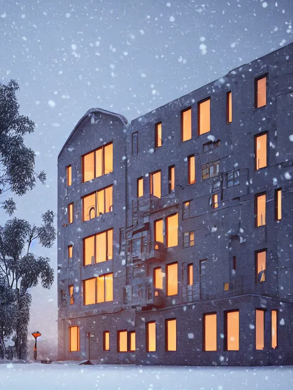 Image similar to film still of tiny soviet residential building, residential suburb area, lights are on in the windows, deep dark night, cozy atmosphere, cold winter, snowing, streetlamps with orange light, volumetric light, several birches nearby, elderly people stand at the entrance to the building, mega detailed, unreal render