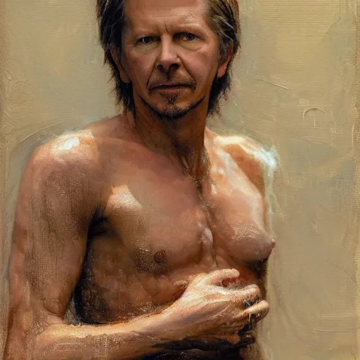 Image similar to Gary Oldman with an shredded, toned, inverted triangle body type, painting by Gaston Bussiere, Craig Mullins, XF IQ4, 150MP, 50mm, F1.4, ISO 200, 1/160s, natural light