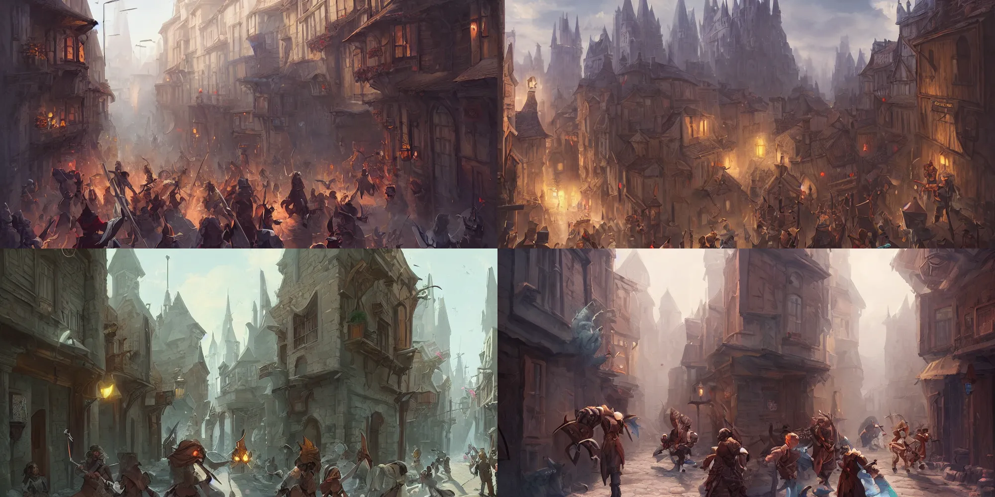 Prompt: an exciting fantasy street battle within a fascinating old city, narrow streets, old buildings, by Sylvain Sarrailh and Sebastian Luca, cinematic, simple but effective composition, clean lines, beautiful digital painting, oil painting, great character design, dungeons and dragons, lord of the rings, close up character, fantasy races