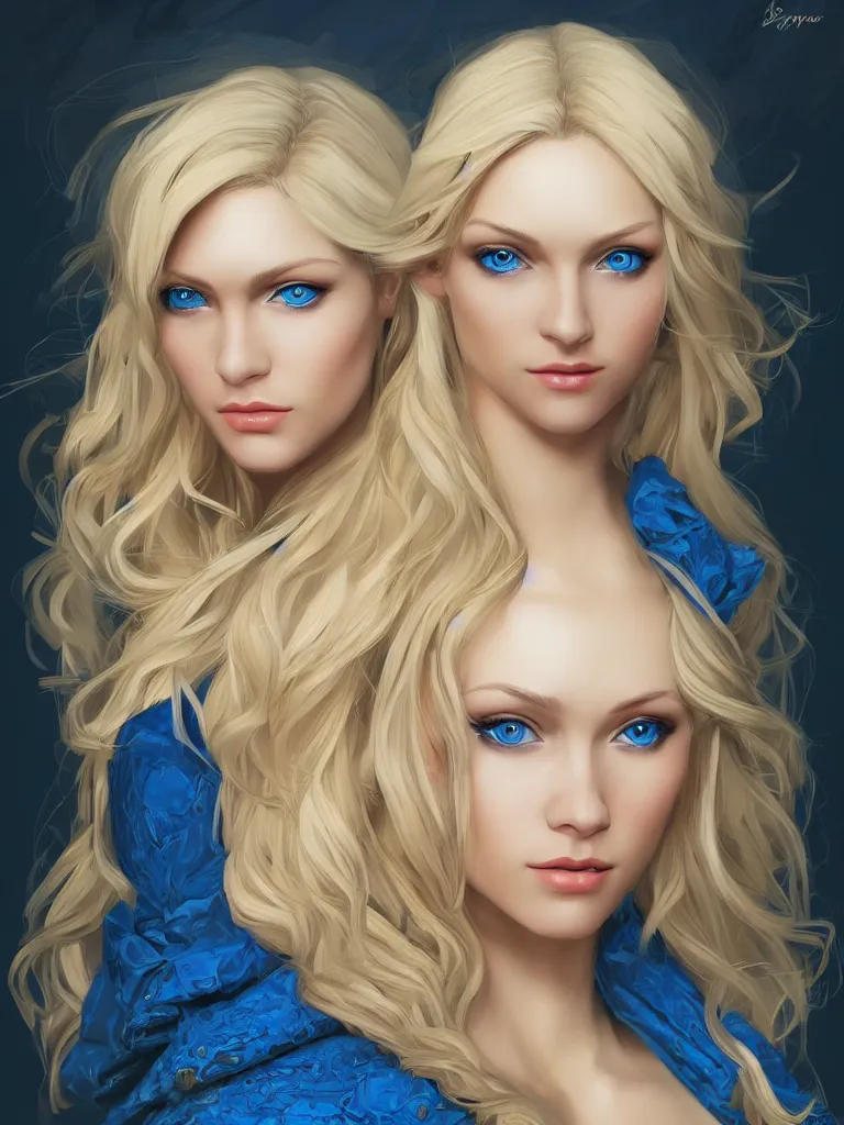 Image similar to A beautiful blonde Slavic woman in her early 30’s, highly detailed full body, beautiful blue eyes, detailed, wearing fancy clothes, highly detailed figure, epic composition, ultra wide-shot, dynamic pose, concept art, beautifully lit, digital painting, smooth, desaturated color theme, character design, sharp focus, elegant, intricate, post processing, artstation, by WLOP, James Jean, Victo Ngai, ryohei hase