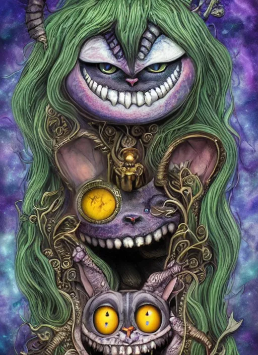 Image similar to cheshire cat the fool tarot card, highly detailed, half skull face, cinematic, 8 k, bymegan duncanson, benjamin lacombe, naoto hattori, adrian borda, giger, trending on deviantart, hyper detailed, horror, full of colour