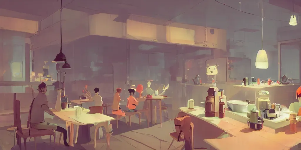 Image similar to tea cafe by Goro Fujita and Simon Stalenhag , 8k, trending on artstation, hyper detailed, cinematic