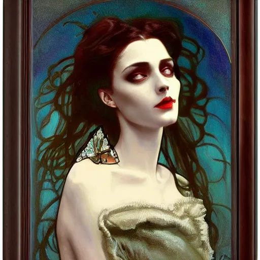 Prompt: A beautiful painting of a lady vampire, victorian, dracula, ominous, oil on canvas, photorealism, alphonse mucha, irwin penn, high definition, soft light