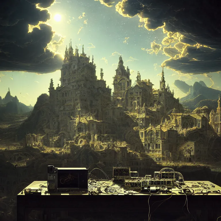Image similar to motherboard, chip circuit, computer, dream - like atmosphere, baroque landscape painting, perfect composition, beautiful detailed intricate insanely detailed octane render trending on artstation, 8 k artistic photography, photorealistic, soft natural volumetric cinematic perfect light, chiaroscuro, award - winning photograph, masterpiece, raphael, caravaggio, greg rutkowski, beeple