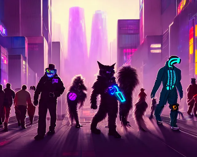 Image similar to high - resolution photograph from a cyberpunk era furry fandom convention ( midwest furfest 2 0 4 7 ), taking place after the genetic revolution and singularity. photorealistic.