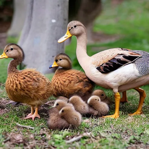 Prompt: a crossbreed of a turkey and a duck, with chicks, photo