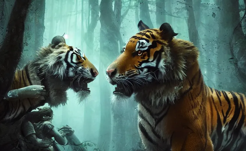 Prompt: a pack of tigers tearing apart and eating a succubus in an ancient bioluminescent forest, ana de armas, flawless symmetrical pretty cute face kissing ecstacy, greg rutkowski, 8 k, shallow depth of field, intricate detail, concept art,