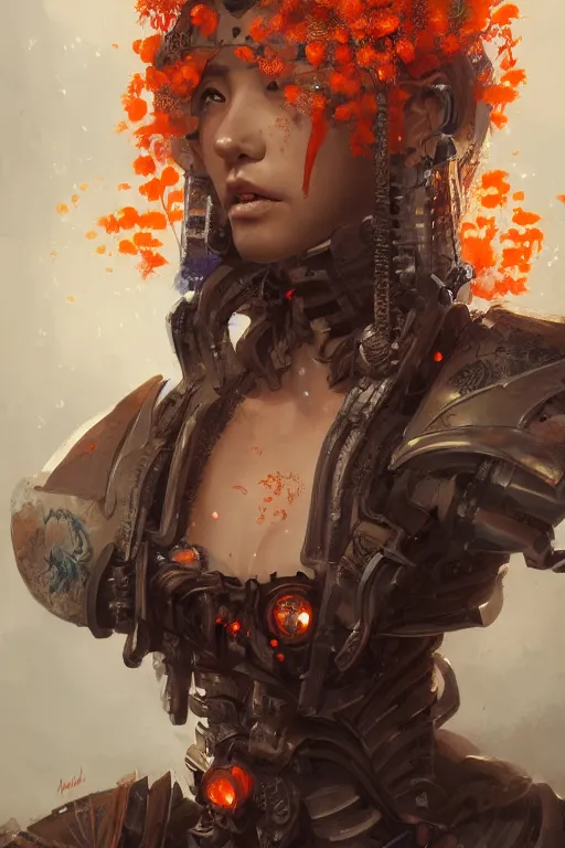 Prompt: portrait of beautiful young mainem, warhammer, japaneese style, cyberpunk armor, a lot of more scars, more and more flowers, orange head, the middle ages, highly detailed, artstation, illustration, art by greg rutkowski, 8 k quality