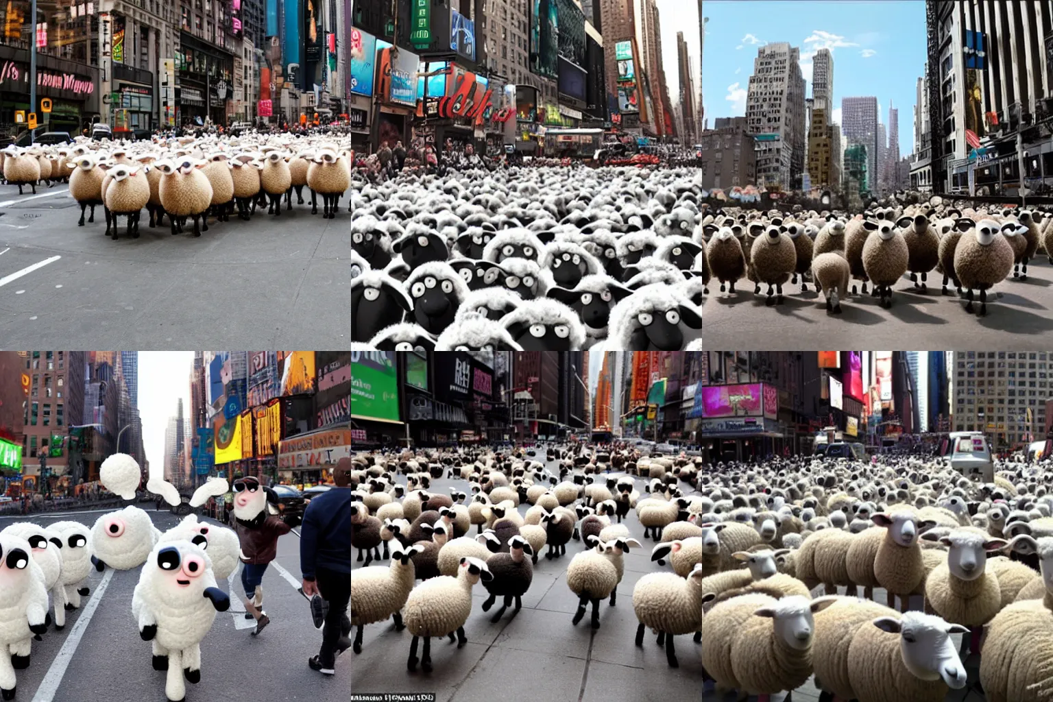 Prompt: sheeps invading new york city in the style of aardman shaun the sheep claymation