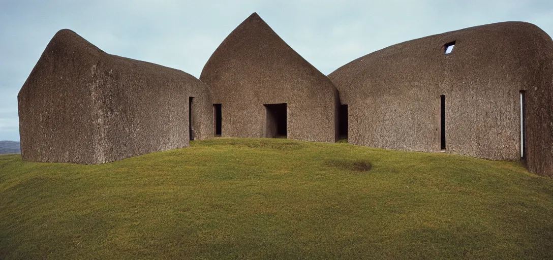 Image similar to scottish blackhouse designed by oscar niemeyer. fujinon premista 1 9 - 4 5 mm t 2. 9. portra 8 0 0.