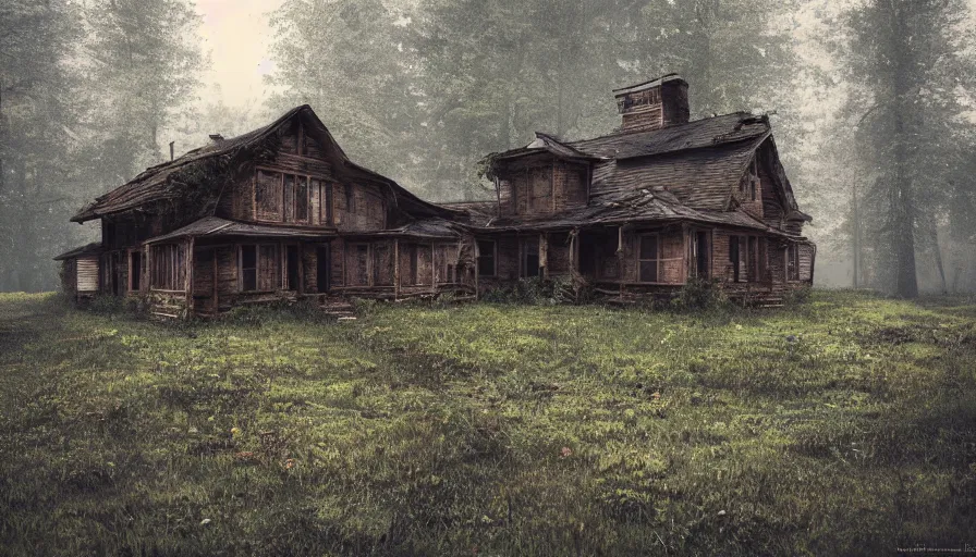 Image similar to abandoned wooden 1 9 0 0's house in german forest, rainy evening, muddy ground, hyperdetailed, artstation, cgsociety, 8 k