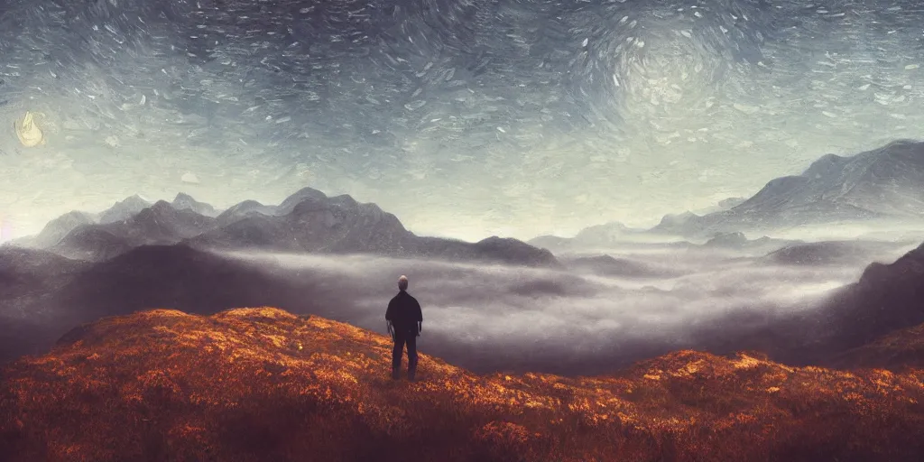 Prompt: landscape, layers, mountain ranges, dark sky, night, Van Gogh, atmospheric, cinematic, photographic, artstation, digital art, small man center standing on mountain, valley mist, fog, hazy, glow