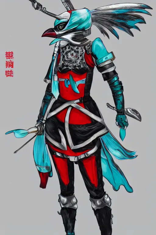 Image similar to female adventurer in tight full - body teal leather armor of japanese design with red accents and a white porcelain crow mask, trending in artstation, japanese, artstation, big moon in the background, establishing shot