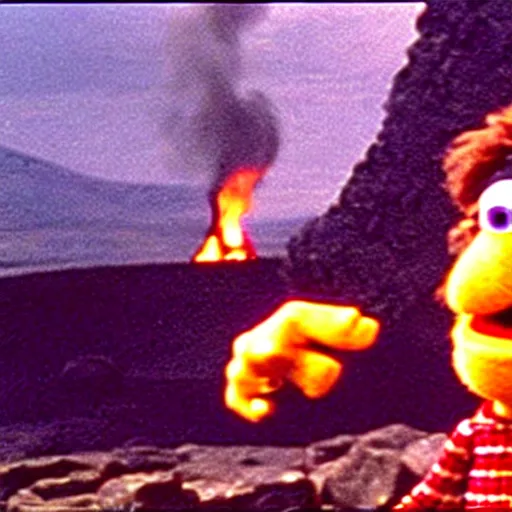 Image similar to “film still of Bert from Sesame Street throwing the one ring into the fires of Mount Doom”