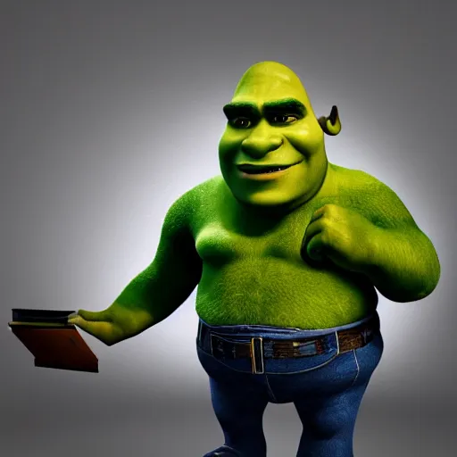 Prompt: photorealistic shrek uncomfortable at a job interview, wearing a business suit. octane render. high resolution.