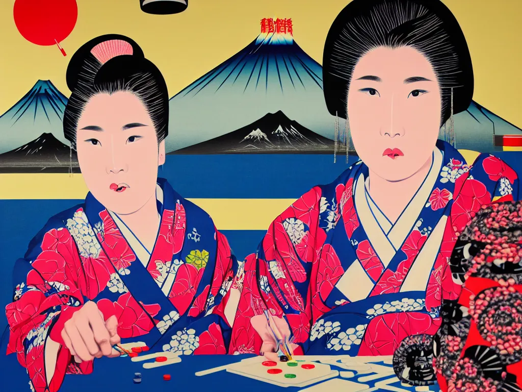 Prompt: hyperrealism composition of the detailed woman in a japanese kimono sitting at a poker table with darth vader, fireworks, picture of mountains in the background, pop - art style, jacky tsai style, andy warhol style, ukiyo e, acrylic on canvas