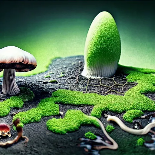 Prompt: dissected mushroom with a mycelium maze inside, by yoshitaka amano, color grading, dramatic, macro view, 3 d, megapixel, good, ineffable, powerful, massive scale, clavaria - zollingeri, diffraction grading, ray traced, anti - aliasing, in a symbolic and meaningful style