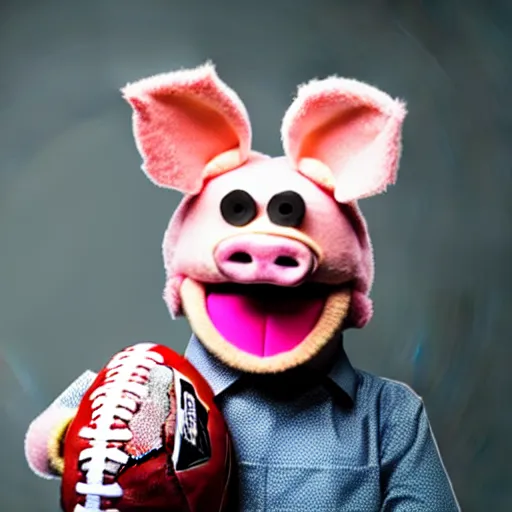 Prompt: studio photograph of a pig wearing a football helmet depicted as a muppet