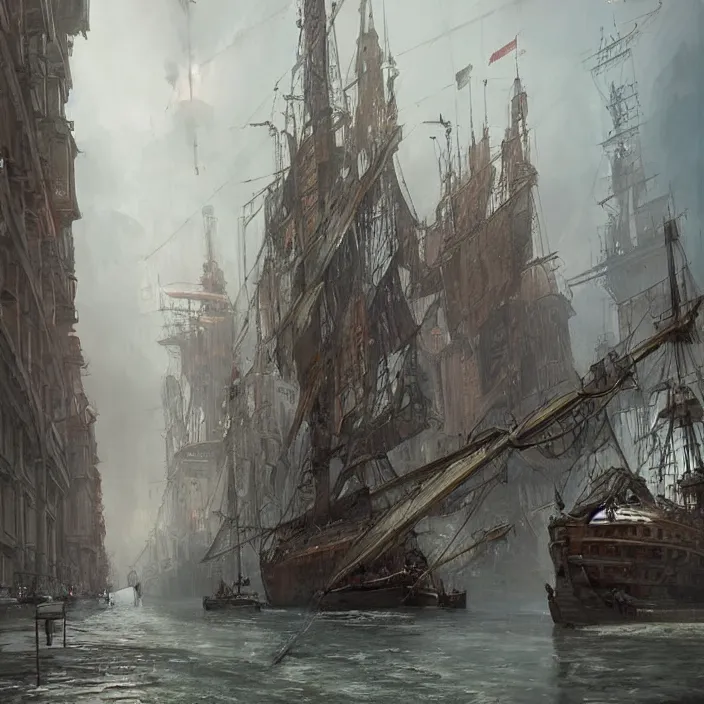 Image similar to steampunk gdansk, by wlop, by greg rutkowski, by santiago calatrava