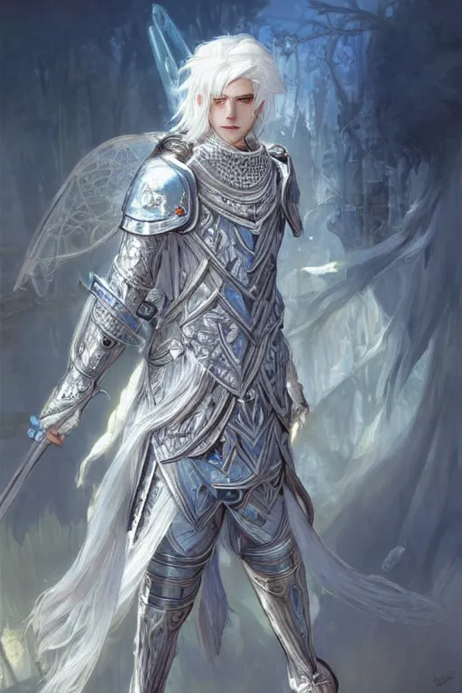 Image similar to portrait white hair knights of Zodiac boy, Sliver ice color reflected armor, in ruined Agora of Athens Sunrise, ssci-fi and fantasy, intricate and very very beautiful and elegant, highly detailed, Frostbite Engine, digital painting, artstation, concept art, smooth and sharp focus, illustration, art by tian zi and WLOP and alphonse mucha