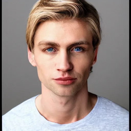 Image similar to full face color photograph of a 35 year old very handsome white man with very short light blond hair and small blue eyes, dressed in a maroon t shirt and black jeans, with very thin lips, with a straight nose and pale skin. He has masculine but gentle features.