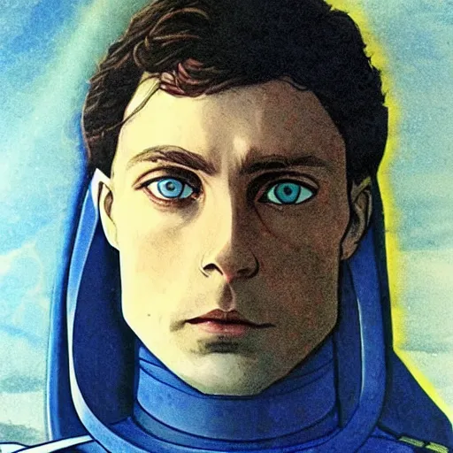 Prompt: paul atreides from dune, bright blue eyes, pensive, wearing still suit, sleek futuristic armor, cape, mughal art, farrukh beg, abd al - samad, mir sayyid ali.