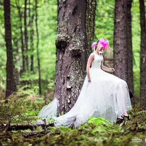Image similar to a girl in a wedding dress riding a unicorn in the forest, trending on attestation