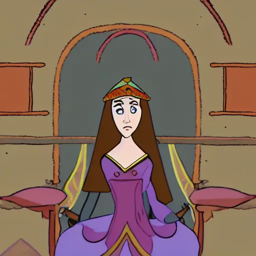 Image similar to a warrior princess sitting in her court, in the art style of cartoon saloon.