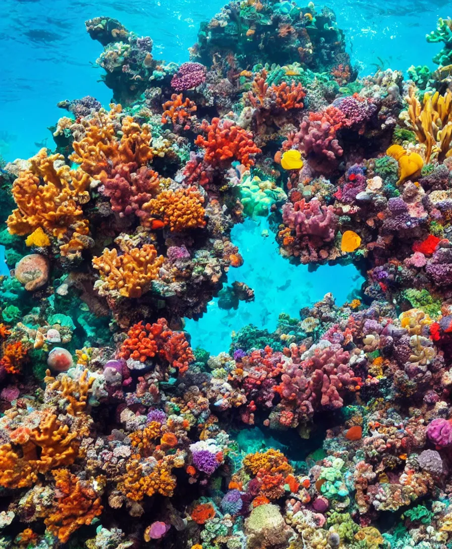 Prompt: a colorful coral reef in the ocean where the lost city of atlantis resides