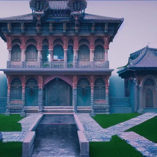 Prompt: a palace in edenia, fantasy, arabic / greek / japanese influenced, cinematic, ray traced, octane render, cinematic lighting, ultrarealistic, featured on artstation, 8 k uhd artwork