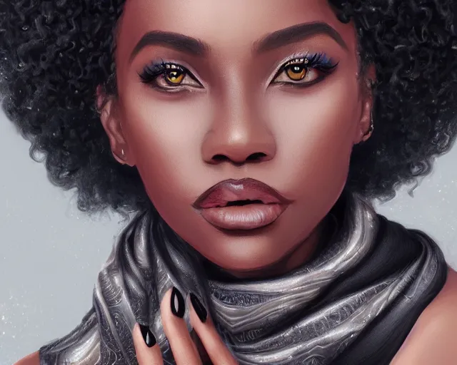 Prompt: A beautiful black skinned woman wearing a scarf with large lips and smooth eyebrows and curly hair, complimentary eyeliner, light blush and metallic eyeshadow, HD, illustration, epic, fantasy, intricate, elegant, amazing detail, digital painting, artstation, concept art, smooth, sharp focus, illustration, art by Turine Tran