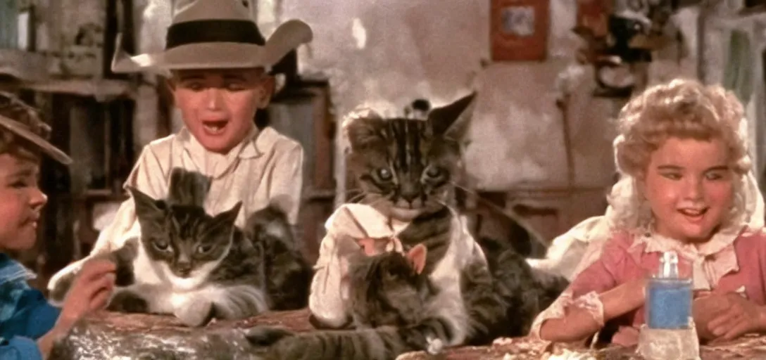 Prompt: film still of the happy youngster cowboy kitten in a 1 9 6 0 s italian romantic comedy how the cats won the west 4 k