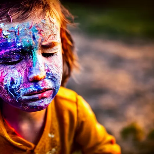 Image similar to 100mm bokeh realistic outdoors photo of a child with various vivid colors of pain smeared on their face, eyes closed, sunset behind them, HDR cinematic lens