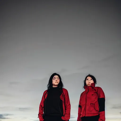 Image similar to photograph of 2 women wearing black techwear in front of a brutalist sharp - edged metal building, on a desolate plain, red eerie sky, sigma 8 5 mm f / 1. 4, 4 k, depth of field, high resolution, 4 k, 8 k, hd, full color