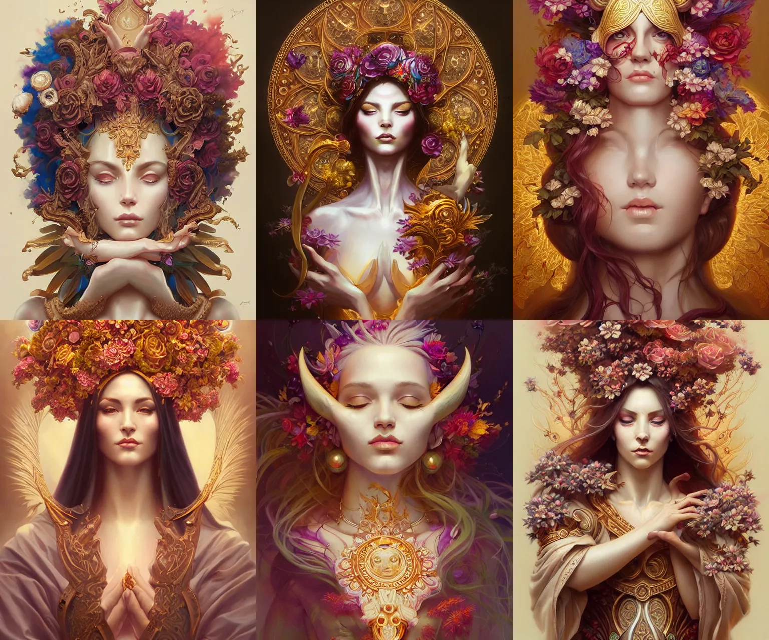 Prompt: beautiful priestess portrait, artgerm, wlop, intricately carved mahogany and ivory, gilding, peter mohrbacher, artstation, explosion of flowers, vibrant