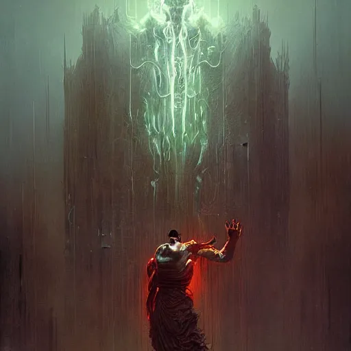 Image similar to sentient ghostbusters bizarre demi - gods expelling demons by greg rutkowski, zdzislaw beksinski,
